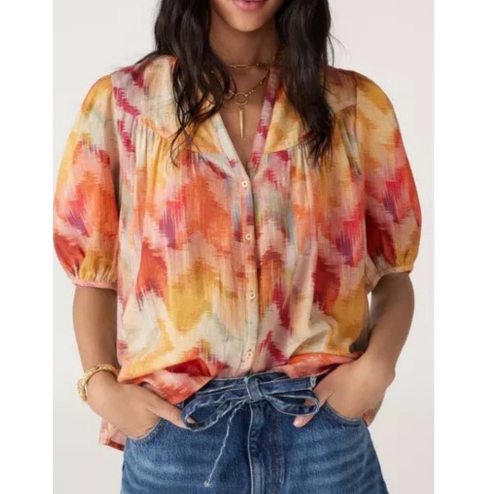 ba&sh Alabama Top Medium Multicolor Ikat Abstract Puff Sleeve Cotton V-Neck